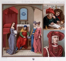 Trajes civiles en la Edad Media en el siglo XV. Arriba a la derecha: cambistas en Amberes. Abajo a la derecha: retrato de Maximiliano de Austria (1459-1519) después de Quentin Metzys. En "El traje histórico" de A. Raquet