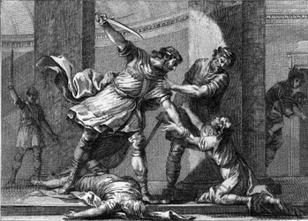 Clotario (Clothaire) I (hacia 497-561) y Childeberto I, los reyes francos, asesinaron a dos hijos de su hermano Clodomiro (495-524). Grabado del siglo XVIII.