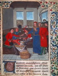 Acuñación de monedas en la Edad Media. Miniatura de un borrador de Nicolas Oresme (1320-1382). Siglo XV. B.N. París