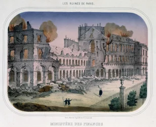 Comuna de París: Incendio en el Ministerio de Finanzas (en el momento de las Tullerías) el 24 de mayo de 1871. Grabado del siglo XIX
