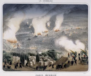 Comuna de París: Incendio de París. Comuneros disparando cañones hacia París. 1871.