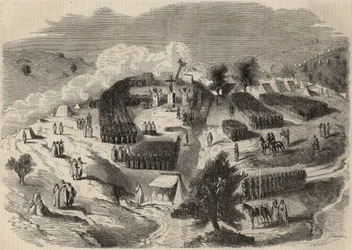 Conquista de Argelia: expedición a la Gran Cabilia en 1857, colocación de la primera piedra del Fuerte Napoleón en Souk-el-Arba. Grabado en “Le Monde illustré” de 1857. Colección privada.