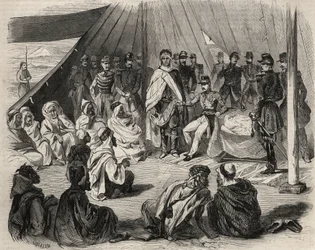 Conquista de Argelia: expedición a la Gran Cabilia en 1857. Sumisión de la tribu kabyle de Beni-Raten por el ejército francés. Grabado en “Le Monde illustré” de 1857. Colección privada.