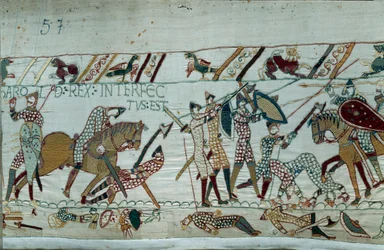 Conquista de Inglaterra por el Duque de Normandía Guillermo el Conquistador en 1066: La muerte del Rey Harold II por una flecha en el ojo en la batalla de Hastings (detalle del Tapiz de Bayeux)