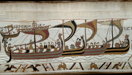 Conquista de Inglaterra por el Duque Normando Guillermo el Conquistador en 1066: la flota normanda se acerca a la costa inglesa en Pevensey (detalle)