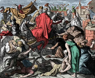 Conrado I el Joven dirigiéndose a la coronación - Conrado I de Germania (fallecido en 918) fue coronado rey de Francia Occidental en 911 - Xilografía de Carl Ferdinand Obermann (1823-1910)