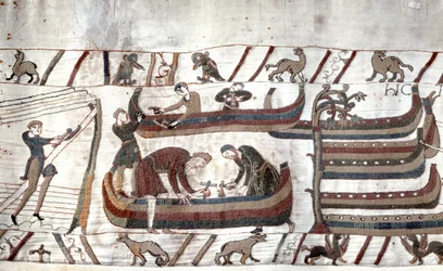 Construcción de barcos por orden de Guillermo - Tapiz de Bayeux, conocido como Bordado de la Reina Matilde