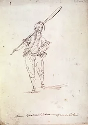 Vestuario para el personaje de Roland en la ópera del mismo nombre del compositor Niccolò Vito Piccinni (1728-1800) después de un libreto de Jean François Marmontel (1778). Dibujo de finales del siglo XVIII