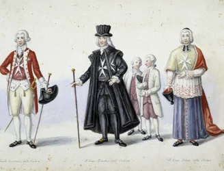 Trajes: 1. Coronel general de las galeras, 2. El Gran Maestro de la Orden, 3. El gran prior de la Iglesia. siglo XIX.
