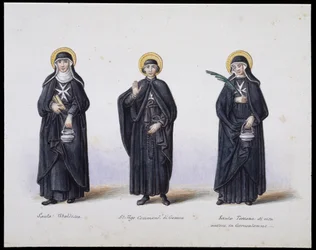 Vestimentas: 1. Santa Ubaldesca, 2. San Ugo Comendador de Génova, 3. Santa Toscana de vida. s.d. siglo XIX