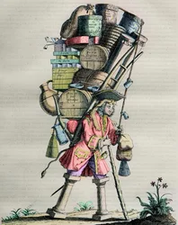 Trajes de París a través del siglo - Grabado n° 81 titulado “Admire la Fuerza” - Caricatura hecha por boticarios contra Armand Nompar II de Caumont (1679-1761) Duque de La Force acusado de monopolio en 1721
