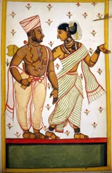 Pareja de Brahmanes. Página del manuscrito “Historia de Mogol” (Moghul o Moghol) por Stefano Nivibus Cardeira. Siglo XVIII. Biblioteca Marciana, Venecia
