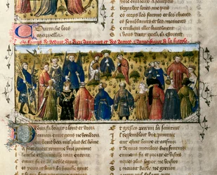 Entretenimientos de la corte: bailes y juegos. La escena tiene lugar en presencia de los dioses del Amor, la Belleza, la Entrega, la Franquicia, la Cortesía y la Juventud. Miniatura de "El Romance de la Rosa". Siglo XIV Valencia. Biblioteca universitaria.