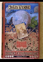 Portada del libro “Viajes Extraordinarios: Cinco Semanas en Globo y Viaje al Centro de la Tierra” por Jules Verne, ed. Hetzel