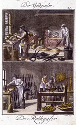 Oficio artesanal: fundidor de cobre y dinandier en sus talleres. En “Descripción integral de artes y oficios y talleres para jóvenes” por Johan Peter Vire. Ed. Nuremberg, Weigel y Schneider