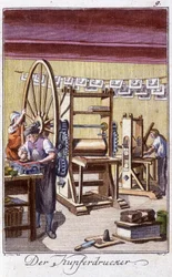 Oficio artesanal: el grabador en cobre en su taller. En “Descripción completa de artes y oficios y talleres para jóvenes” por Johan Peter Vire. Ed. Núremberg, Weigel y Schneider