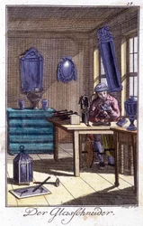 Artesanía: el fabricante de cristal en su taller. En “Descripción integral de artes y oficios y talleres para jóvenes” de Johan Peter Vue. Ed. Núremberg, Weigel y Schneider