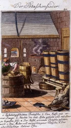 Oficio artesanal: el salinero trabajando potasa en su taller. En “Descripción completa de artes y oficios y talleres para jóvenes” por Johan Peter Vue. Ed. Núremberg, Weigel y Schneider