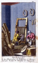 Oficio artesanal: el cribado y tamizado en su taller. En “Descripción completa de artes y oficios y talleres para jóvenes” por Johan Peter Vue. Ed. Nuremberg, Weigel y Schneider