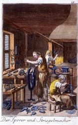 Artesanía: el fabricante de espuelas y el fabricante de cepillos de reducción en su taller. En “Descripción integral de artes y oficios y talleres para jóvenes” de Johan Peter Vire. Ed. Núremberg, Weigel y Schneider