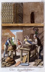 Oficio artesanal: el fabricante de tejas o ladrillos en su taller. En “Descripción completa de artes y oficios y talleres para jóvenes” por Johan Peter Vue. Ed. Núremberg, Weigel y Schneider