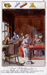 Oficio artesanal: el mecanógrafo en su taller. En “Descripción completa de artes y oficios y talleres para jóvenes” por Johan Peter Vue. Ed. Nuremberg, Weigel y Schneider