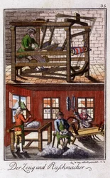 Oficio artesanal: el tejedor en su taller. En “Descripción completa de artes y oficios y talleres para jóvenes” por Johan Peter Vue. Ed. Nuremberg, Weigel y Schneider