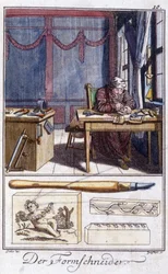 Oficio artesanal: el grabador de madera (y sus herramientas de trabajo) en su taller. En “Descripción integral de artes y oficios y talleres para jóvenes” por Johan Peter Vue. Ed. Nuremberg, Weigel y Schneider