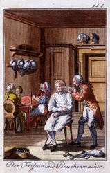 Oficios: peluquero y fabricante de pelucas en su taller. En “Descripción completa de artes y oficios y talleres para jóvenes” por Johan Peter Vue. Ed. Nuremberg, Weigel y Schneider
