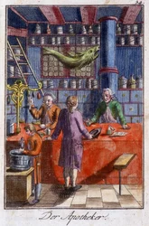 Oficios: el boticario (farmacéutico) en su taller. En “Descripción completa de artes y oficios y talleres para jóvenes” por Johan Peter Vire. Ed. Núremberg, Weigel y Schneider