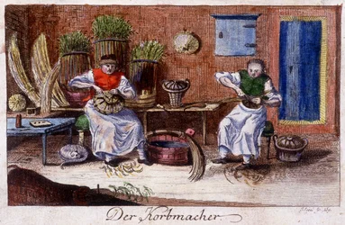 Oficios: el cester en su taller. En “Descripción completa de artes y oficios y talleres para jóvenes” por Johan Peter Vue. Ed. Nuremberg, Weigel y Schneider