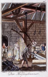 Oficios: el fabricante de artículos de latón en su taller. En “Descripción integral de artes y oficios y talleres para jóvenes” por Johan Peter Vue. Ed. Nuremberg, Weigel y Schneider