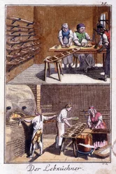 Artesanía: el fabricante de pan de jengibre en su taller. En “Descripción integral de artes y oficios y talleres para jóvenes” por Johan Peter Vue. Ed. Núremberg, Weigel y Schneider