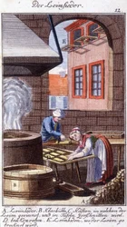 Oficios: el fabricante de pegamento en su taller. En “Descripción integral de artes y oficios y talleres para jóvenes” por Johan Peter Vue. Ed. Nuremberg, Weigel y Schneider