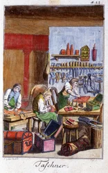 Oficios: el pochetier y el gibecier en su taller. En “Descripción integral de artes y oficios y talleres para jóvenes” por Johan Peter Vue. Ed. Nuremberg, Weigel y Schneider