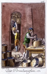 Oficios: el fabricante de porcelana en su taller. En “Descripción integral de artes y oficios y talleres para jóvenes” por Johan Peter Vue. Ed. Nuremberg, Weigel y Schneider