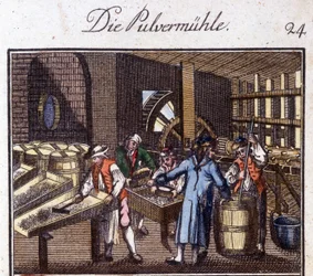 Oficios: el fabricante de pólvora en su taller. En “Descripción completa de artes y oficios y talleres para jóvenes” por Johan Peter Vue. Ed. Nuremberg, Weigel y Schneider