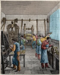 Taller de fabricación de cubiertos (Posate) en Francia en el siglo XIX. Grabado de 1885 en "Les arts et metiers illustres" por Adolphe BITARD