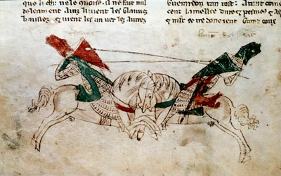 Ciclo del Rey Arturo: Batalla de Lancelot y Tristán. Miniatura tomada de El romance de Meliadus de Leonnoys: junto con varios otros nobles hechos de caballería realizados por el Rey Arturo, Palamedes y Galliot de Pre por Rustichello de Pisa