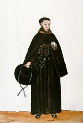 Vida y costumbres del Perú: representación de un monje de la orden franciscana. Acuarela del libro "Trujillo del Perú" por Baltasar Martinez Compañón y Bujanda, obispo de Trujillo (1782-1785)