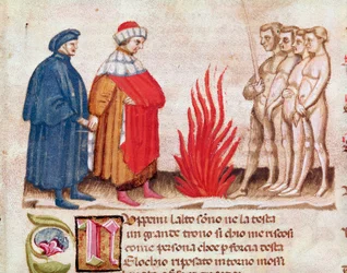 Dante y Virgilio rodeados por las almas condenadas (del Infierno, en la Divina Comedia) - miniatura siglo XV