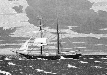 Diciembre de 1872, el Mary Celeste fue encontrado abandonado en medio del Atlántico, frente a las Islas Azores. El capitán, su esposa y su hija de dos años, así como los ocho tripulantes, desaparecieron. Grabado del siglo XIX