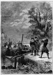Denis Papin (1647-1712) físico, matemático e inventor francés, observa su barco equipado con su nueva invención, un sistema de máquina de vapor aún desconocido, destruido por barqueros para vender algunas piezas. Grabado en "La Nature"