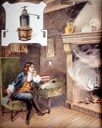 Denis Papin (1647 - 1714) inventa la olla. (antecesor de la olla a presión) cromolitografía del siglo XIX.