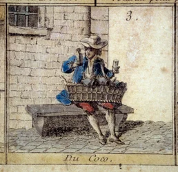 Detalle del juego de la oca de los Cree de París: el comerciante de cocos (vendiendo baratijas). Grabado del siglo XVIII. Coll. Depart.
