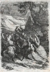 Doralice e Isabelle quieren separar a Mandricard y Zerbin - grabado de 1851 de “Roland Furioso”