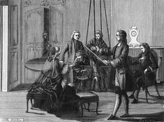 Experiencia de Dufay. Charles François Du Fay (1698-1739), químico y físico francés mostró que se pueden extraer chispas eléctricas del cuerpo humano. Grabado del Álbum de Ciencia. Francia, siglo XIX.