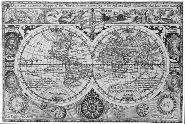 Mapa del mundo de principios del siglo XVII, según Mercator, con retratos de exploradores (Drake, Magallanes, Thomas Cavendish y Oliver van der Nort), elementos y eclipses.