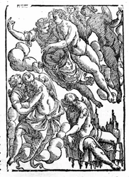 Eolo (abajo a la derecha) y los vientos. “Mythologiae sive explicationes fabularum” de Natalis Comitis. Padua 1677.