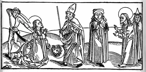 Episodio de la vida de Santiago el Mayor: el santo es decapitado bajo la mirada de Herodes Agripa, rey de Judea. Grabado de 